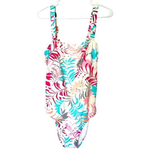 Eddie Bauer Swimsuit Teal Pink Grey Floral Open Back Peekhole Women’s Sz XL - Picture 1 of 14